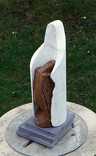 wood and marble sculpture for sale - "Return of the Lost Son" by Dumitru Verdianu