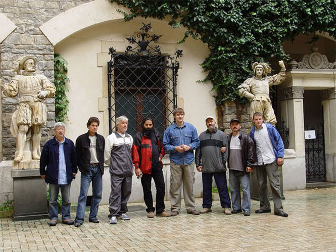 The participants at the International Symposium of Sculpture Bran, Romania, 2005 -  Norio Shibata, Tudor Cataraga, Mircea Lacatus, Vladimir and Dumitru Verdianu, Nicolae Popa and Daniil Kaminker
